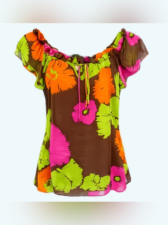 Milly Tops - Milly Brown Floral Off-Shoulder Tunic Pink, Orange & Lime Silk Blouse 6